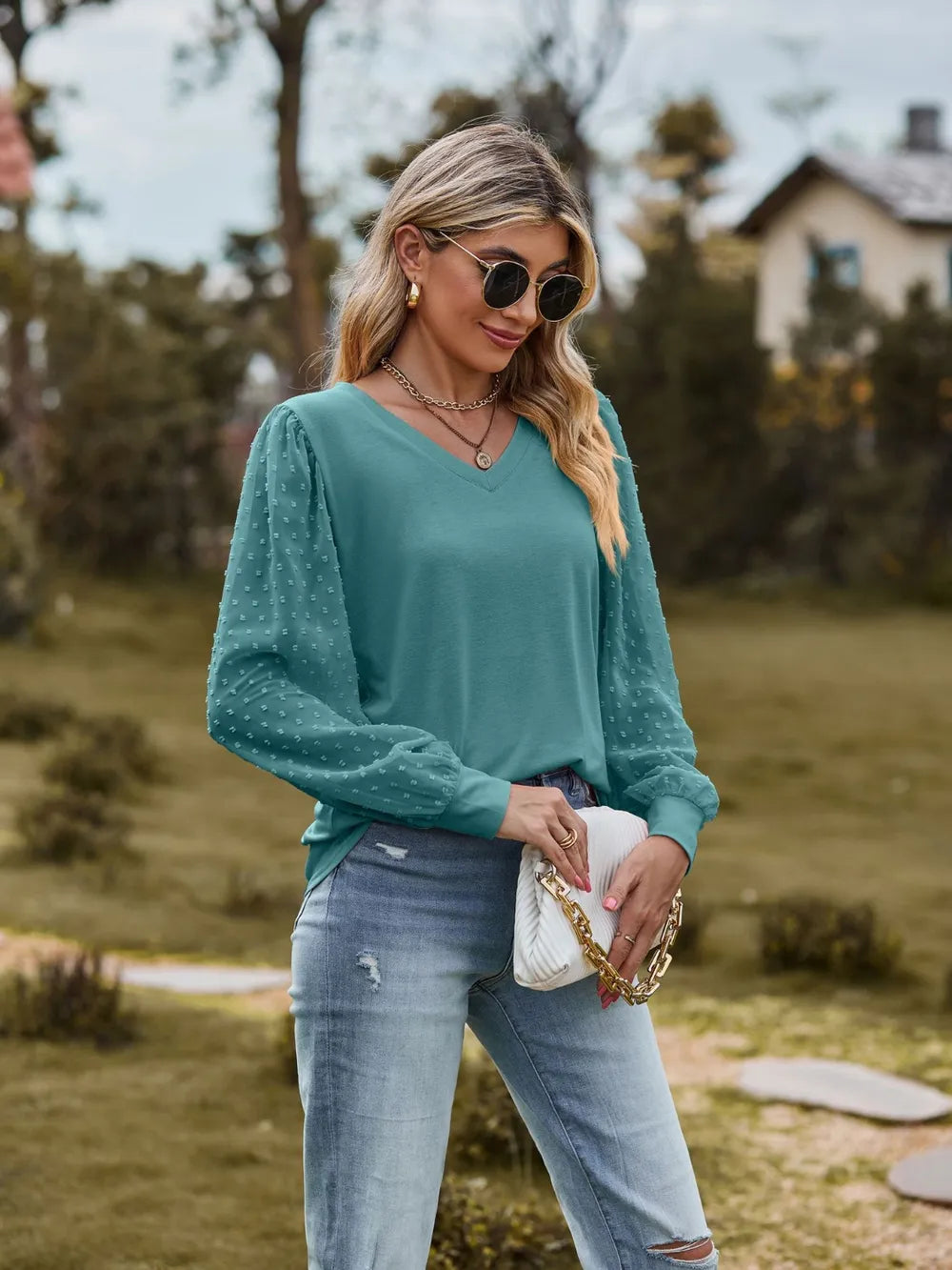 Swiss Dot V-Neck Long Sleeve Blouse NicholesGifts