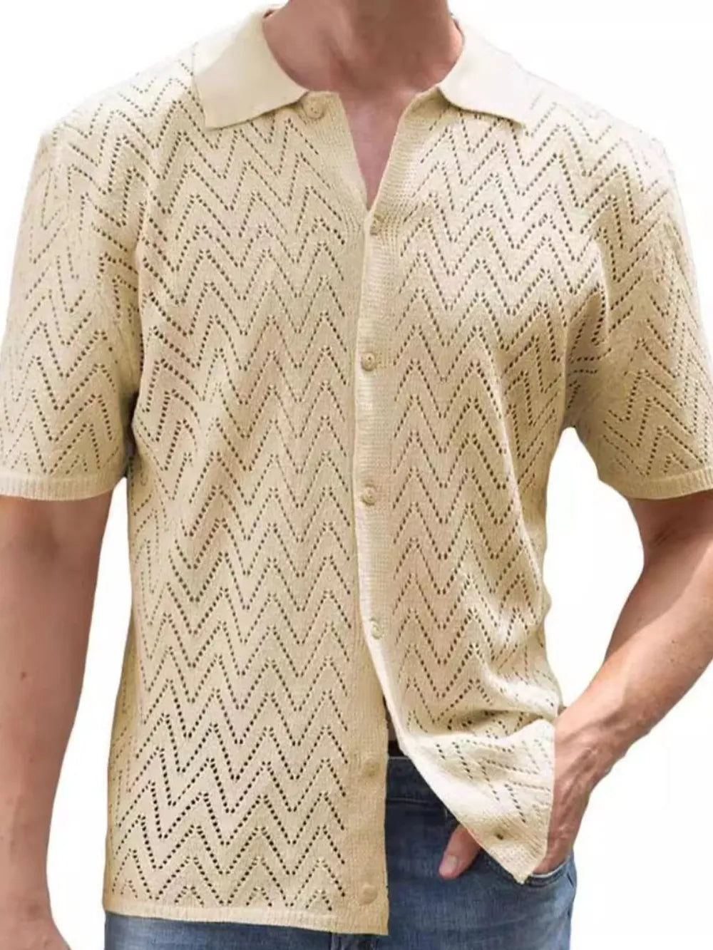 Men's Full Size Openwork Button Down Short Sleeve Shirt Plus Size NicholesGifts