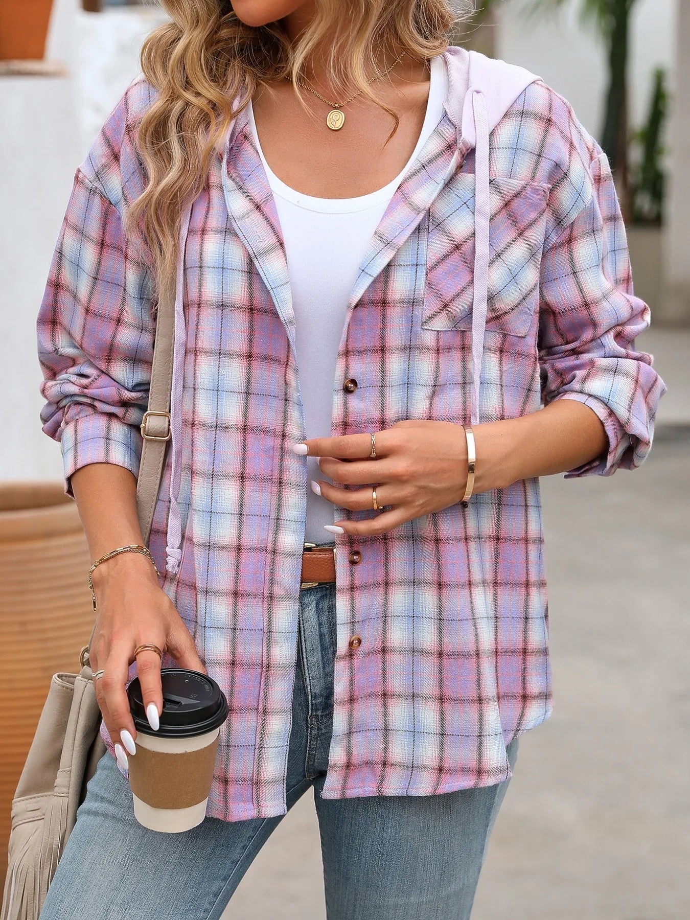 Plaid Button-Up Hooded Shirt NicholesGifts