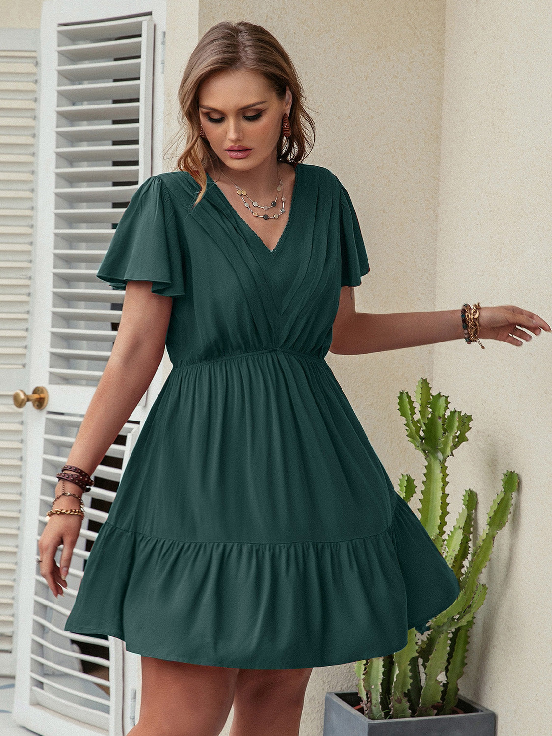 Double Take Plus Size Ruffle Hem V-Neck Short Sleeve Dress nicholesgifts