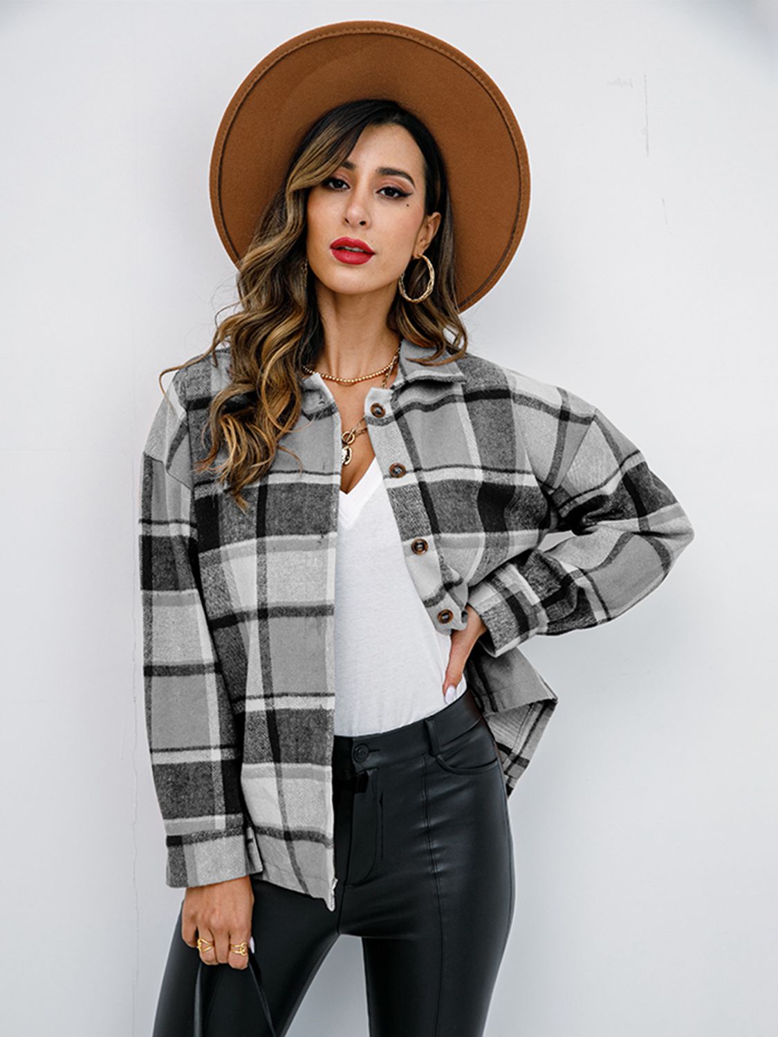 Shiny Plaid Button Up Collared Neck Jacket NicholesGifts