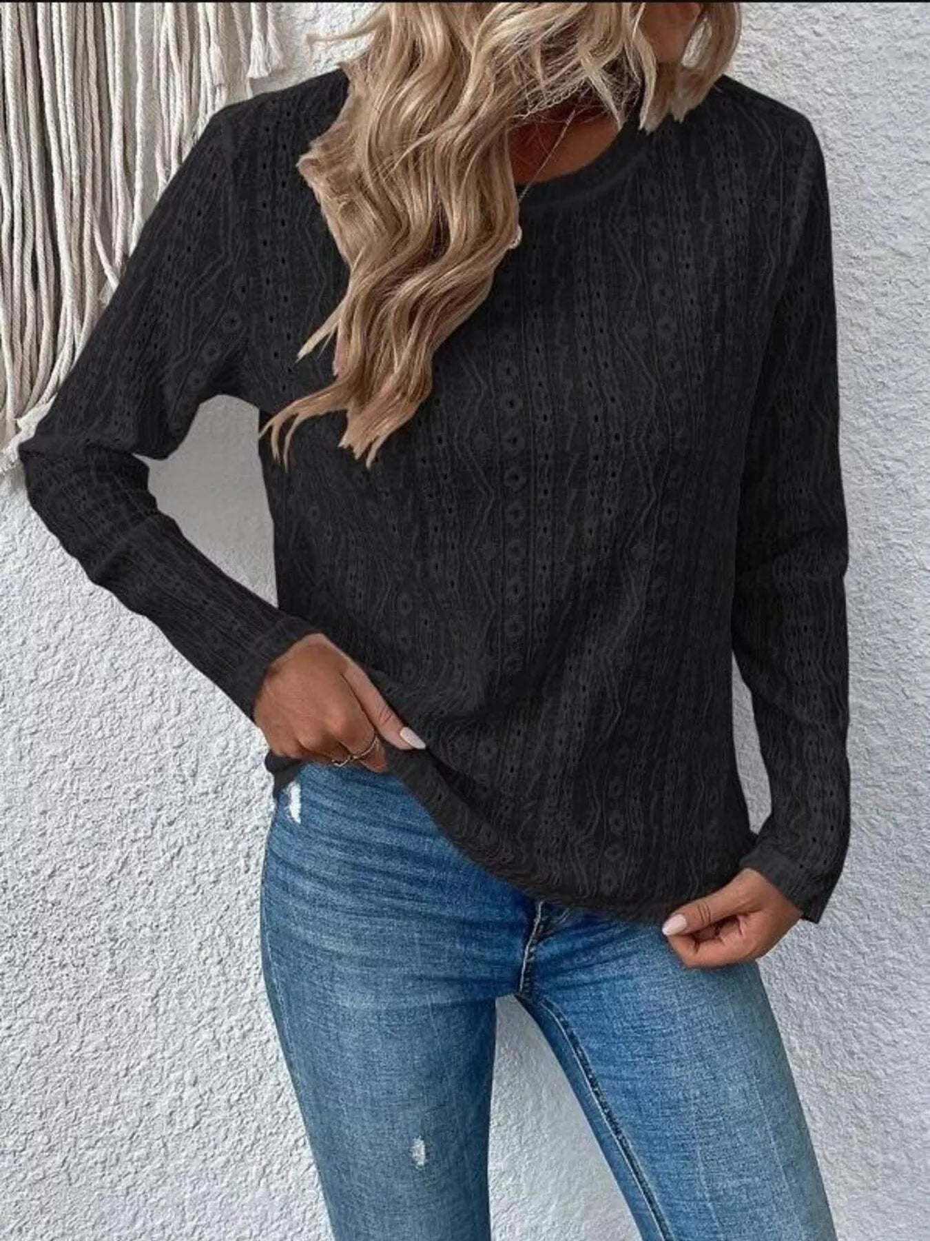 Full Size Eyelet Round Neck Long Sleeve Blouse Plus Size Trendsi