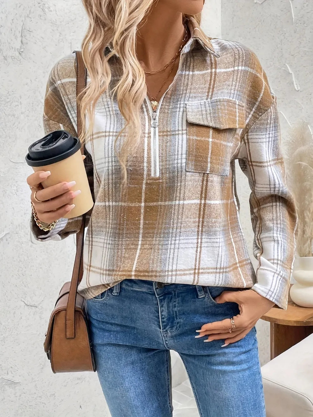 Plaid Collared Neck Half Zip Long Sleeve Top Trendsi