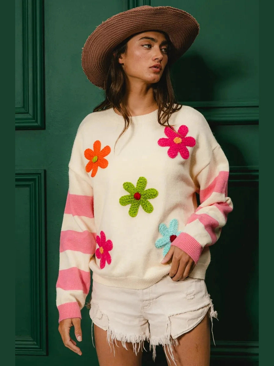 BiBi Colorful Floral Patched Sweater with Striped Sleeve Trendsi