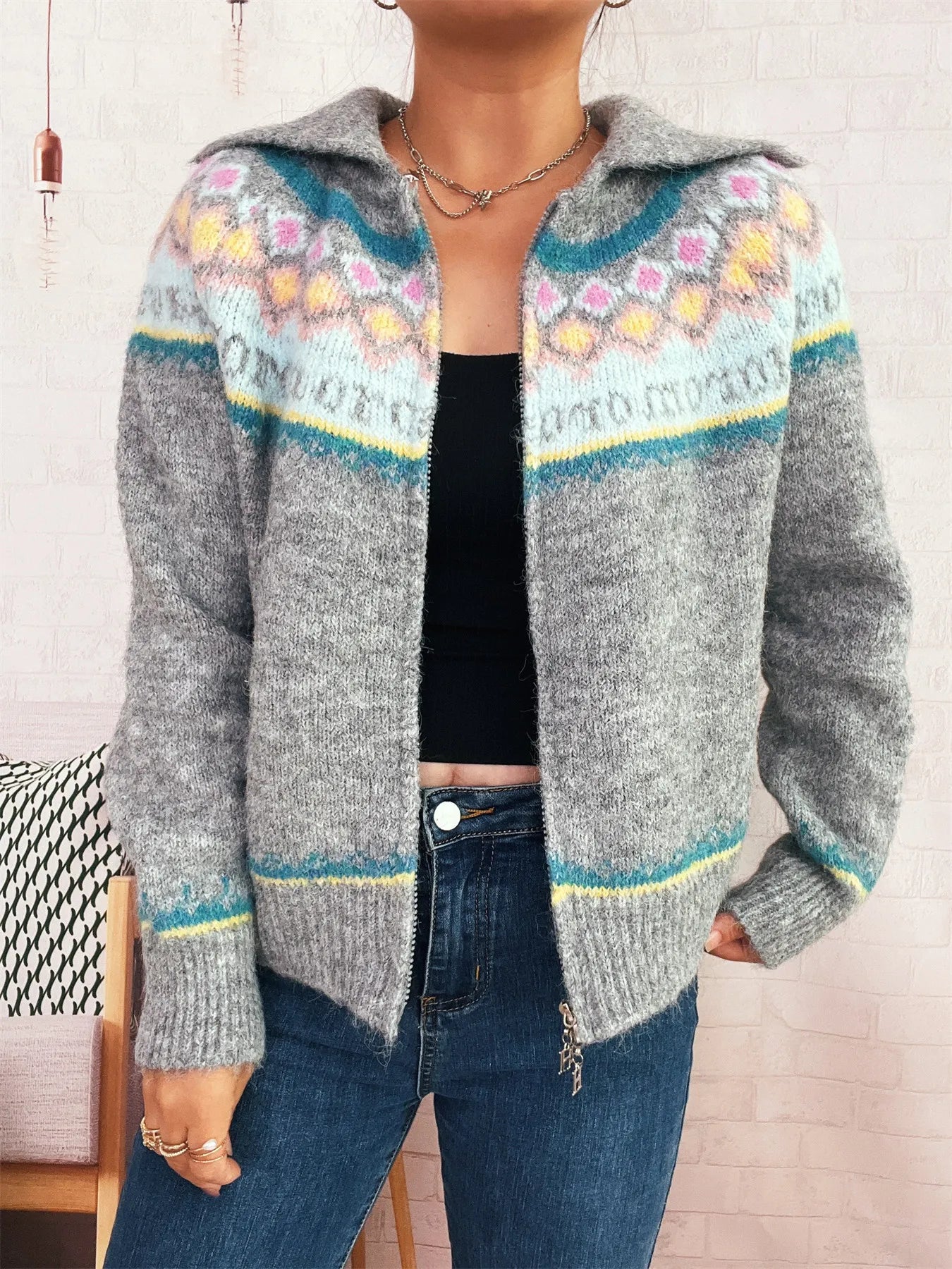 Fair Isle Pattern Zip-Up Cardigan