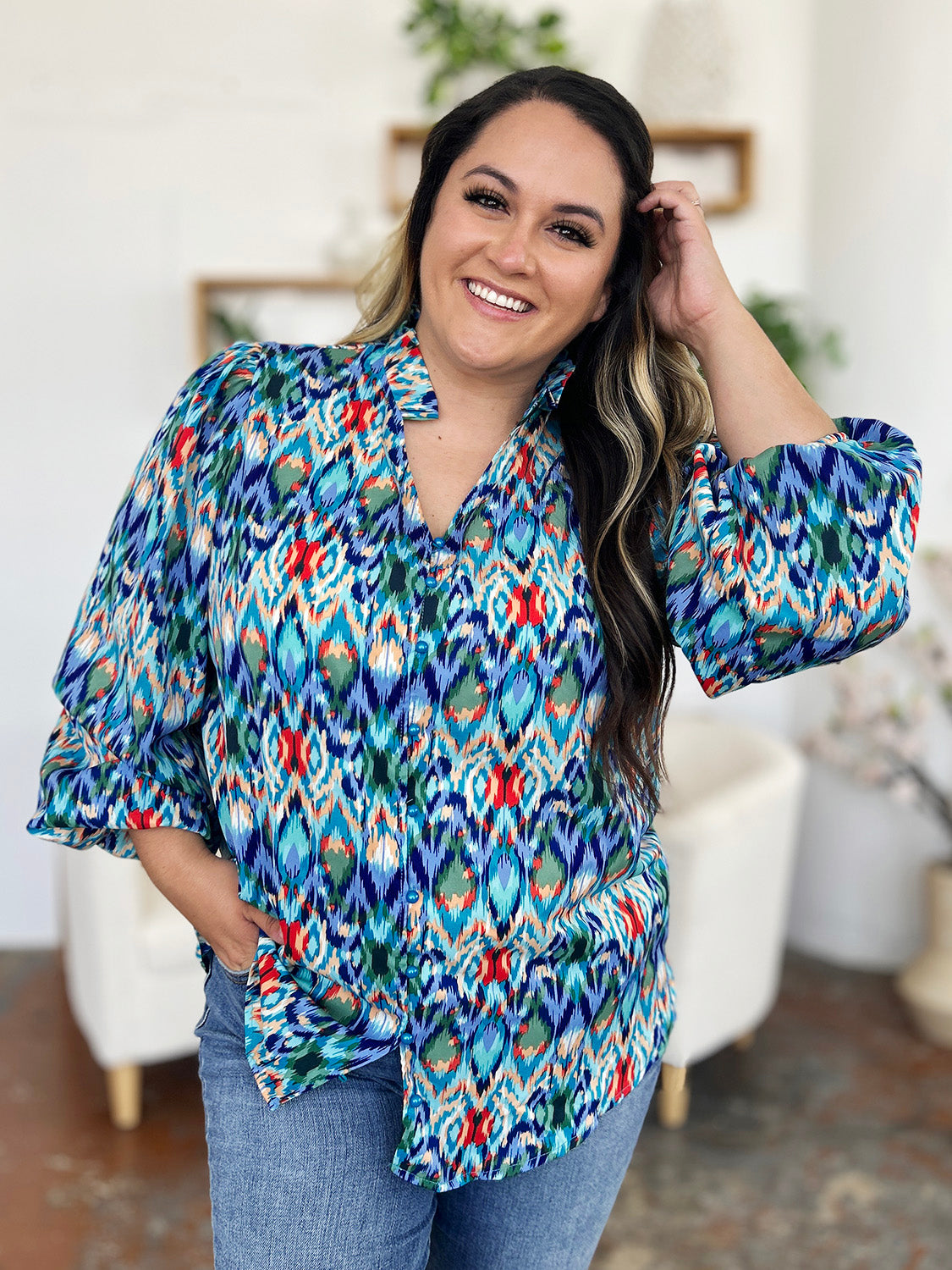 Women Double Take Full Size Printed Balloon Sleeve Blouse nicholesgifts