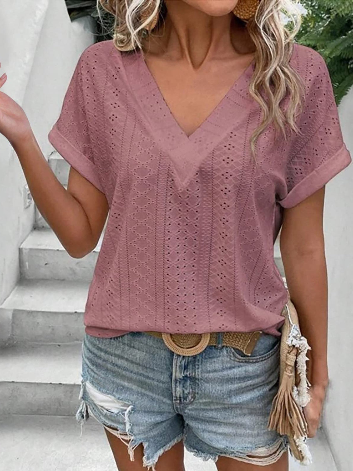 Eyelet V-Neck Short Sleeve Blouse nicholesgifts