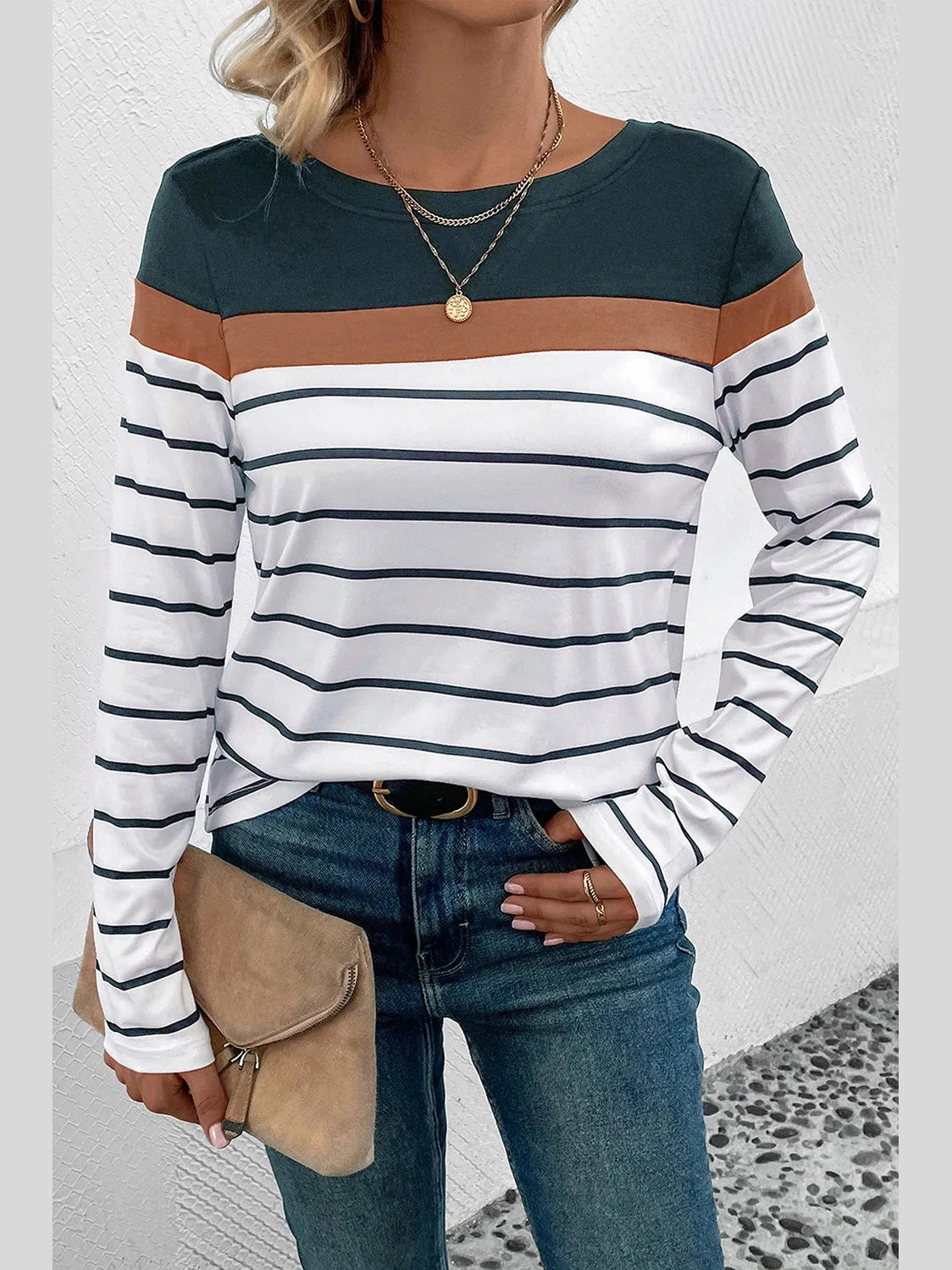 Perfee Striped Round Neck Long Sleeve T-Shirt nicholesgifts