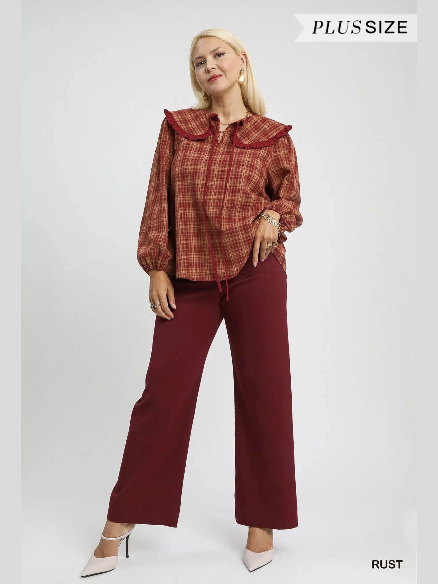 Umgee Full Size Plaid Ruffle Collar Blouse Plus Size NicholesGifts