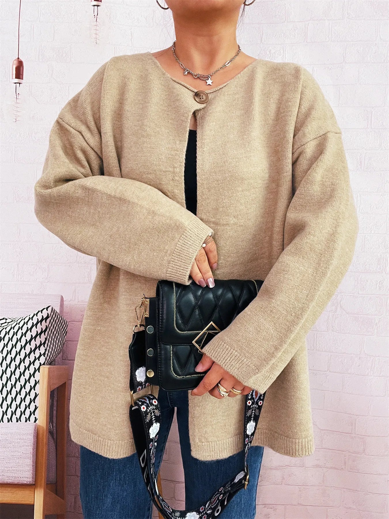 One Button Front Drop Shoulder Cardigan Trendsi