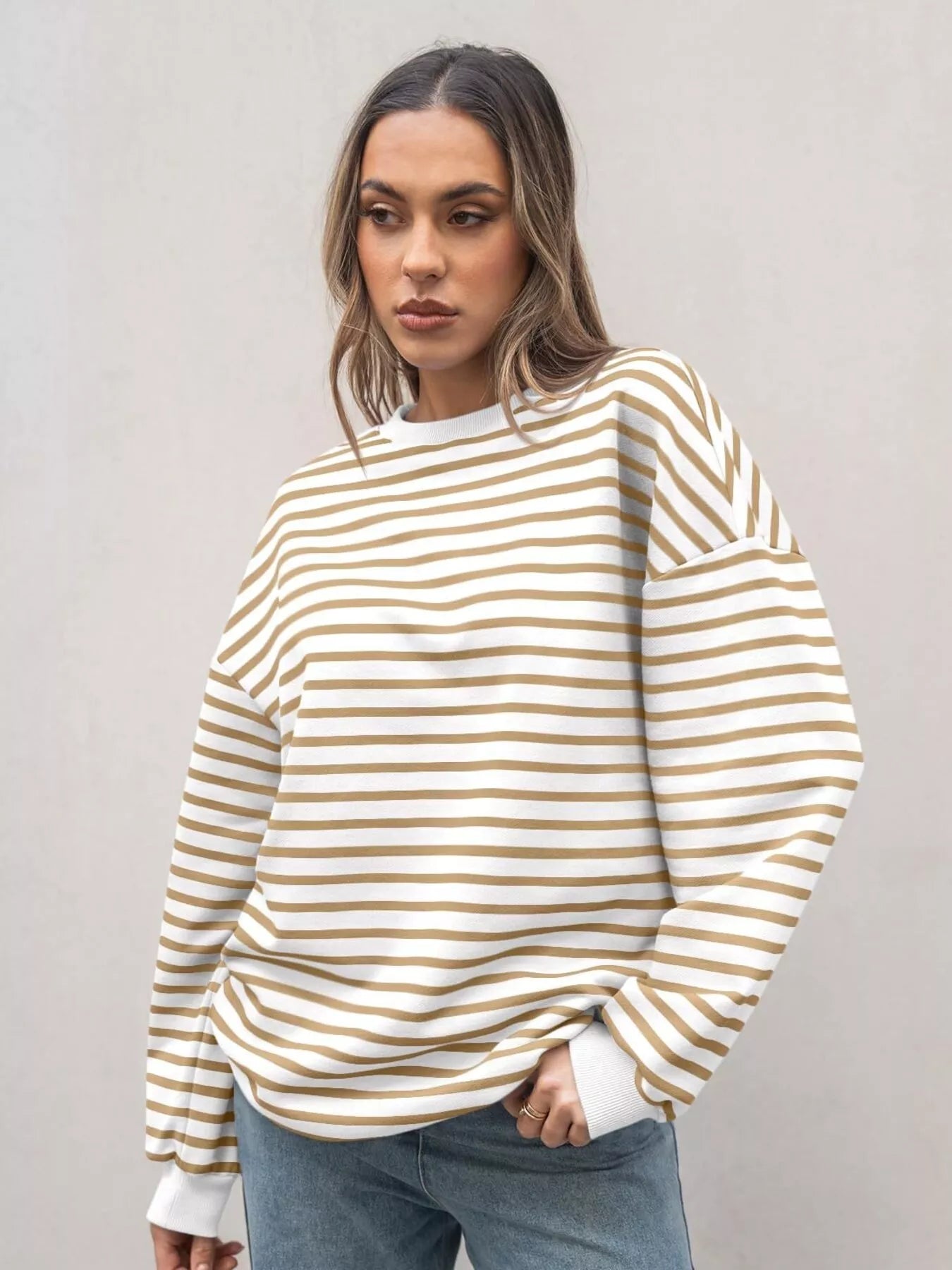Striped Round Neck Oversized Casual Sweatshirt Trendsi