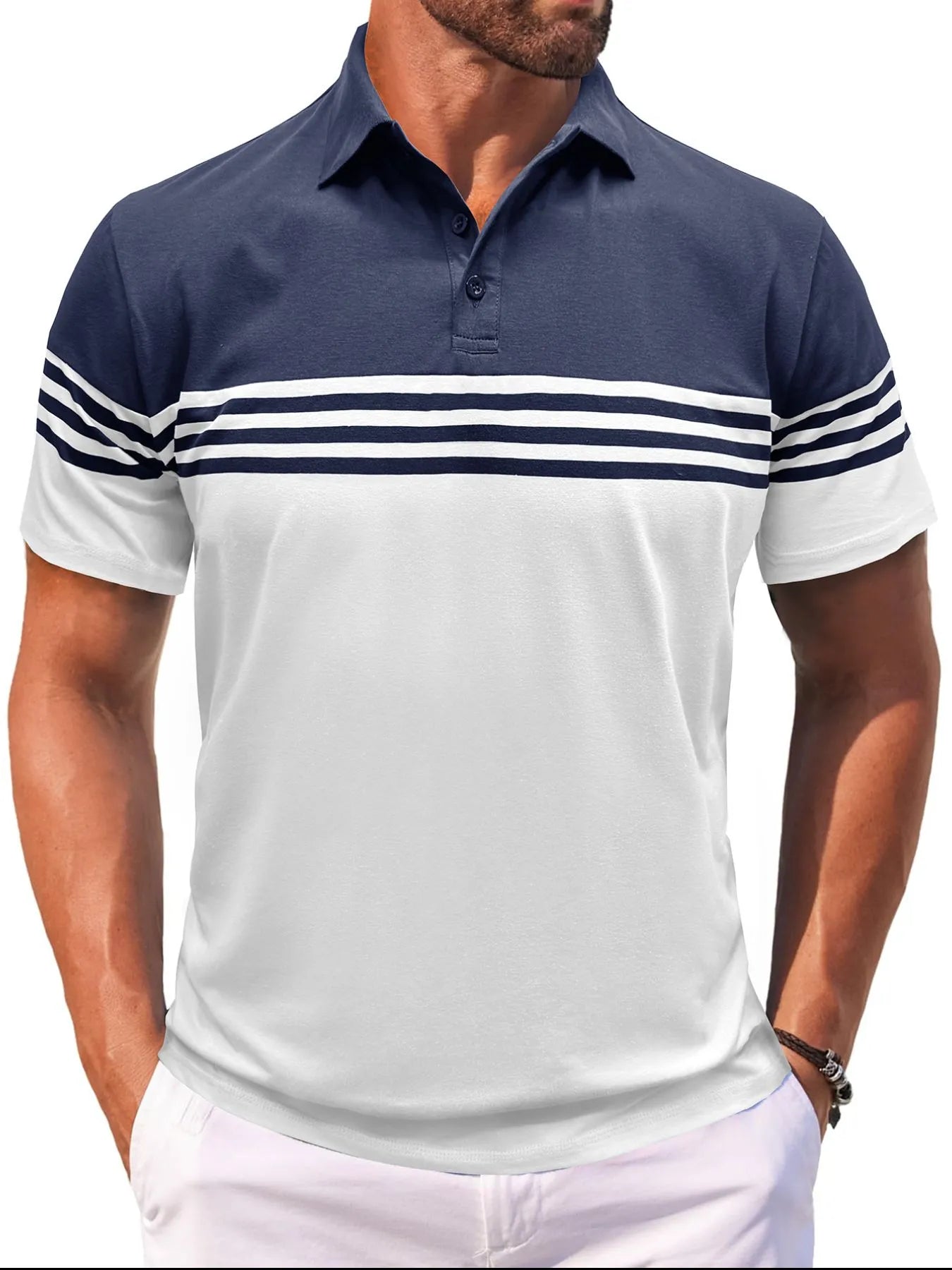 Men's Full Size Color Block Striped Polo Shirt Plus Size NicholesGifts