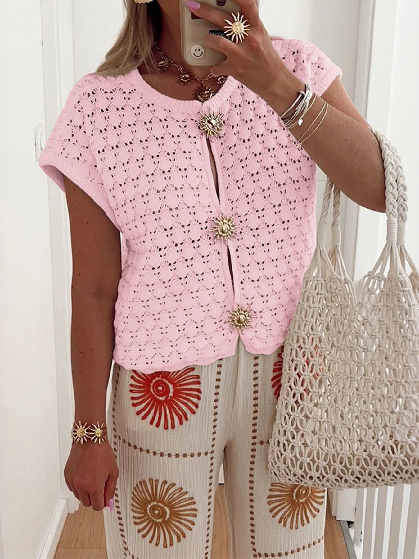 Crochet Short Sleeve Button Front Cardigan