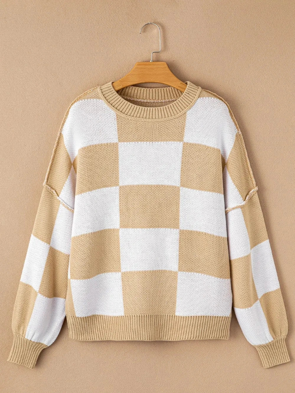 Checkered Exposed Seam Drooped Shoulder Sweater nicholesgifts