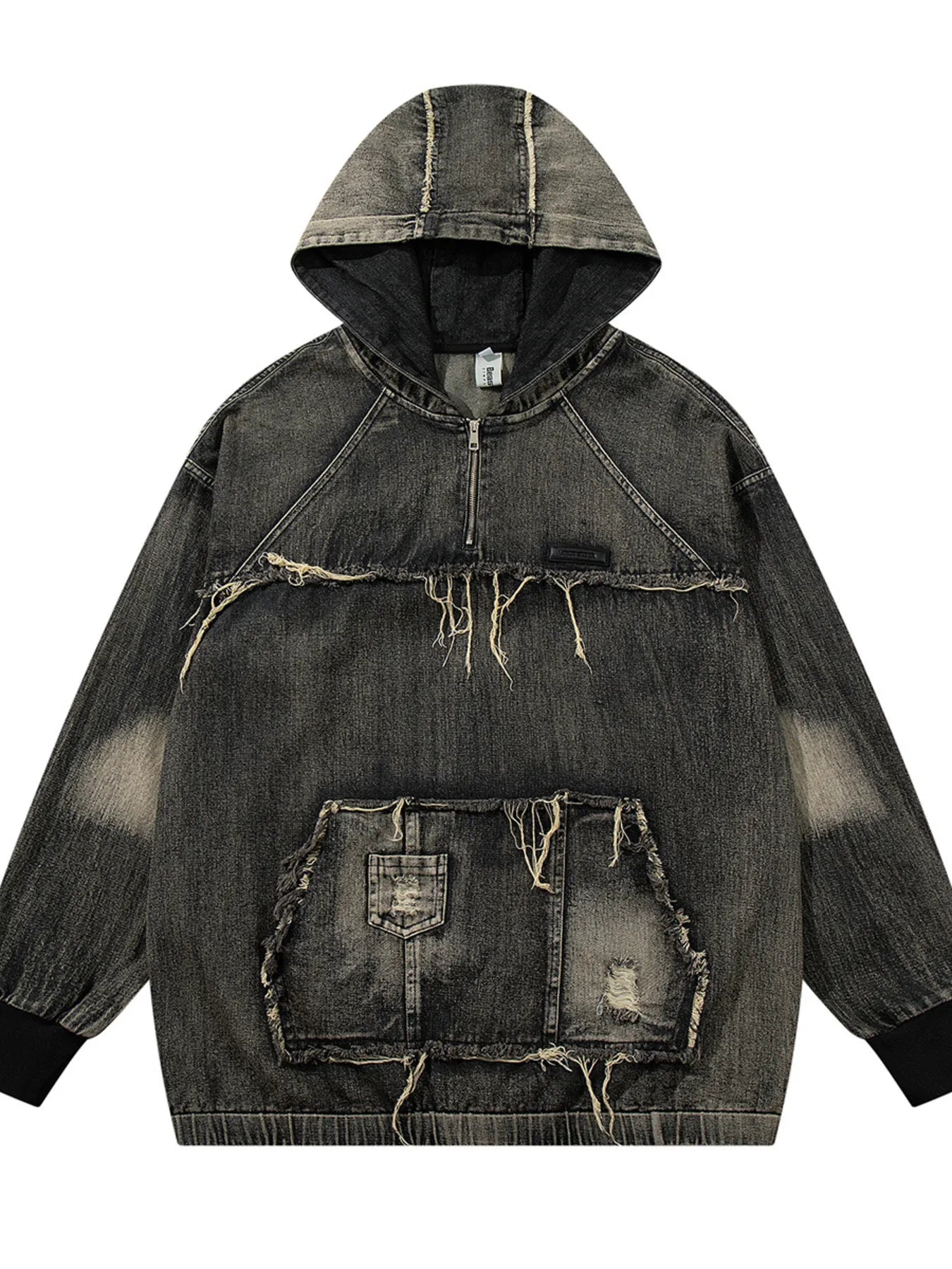 Men's Distressed Denim Patchwork Oversized Hoodie with Frayed Details NicholesGifts
