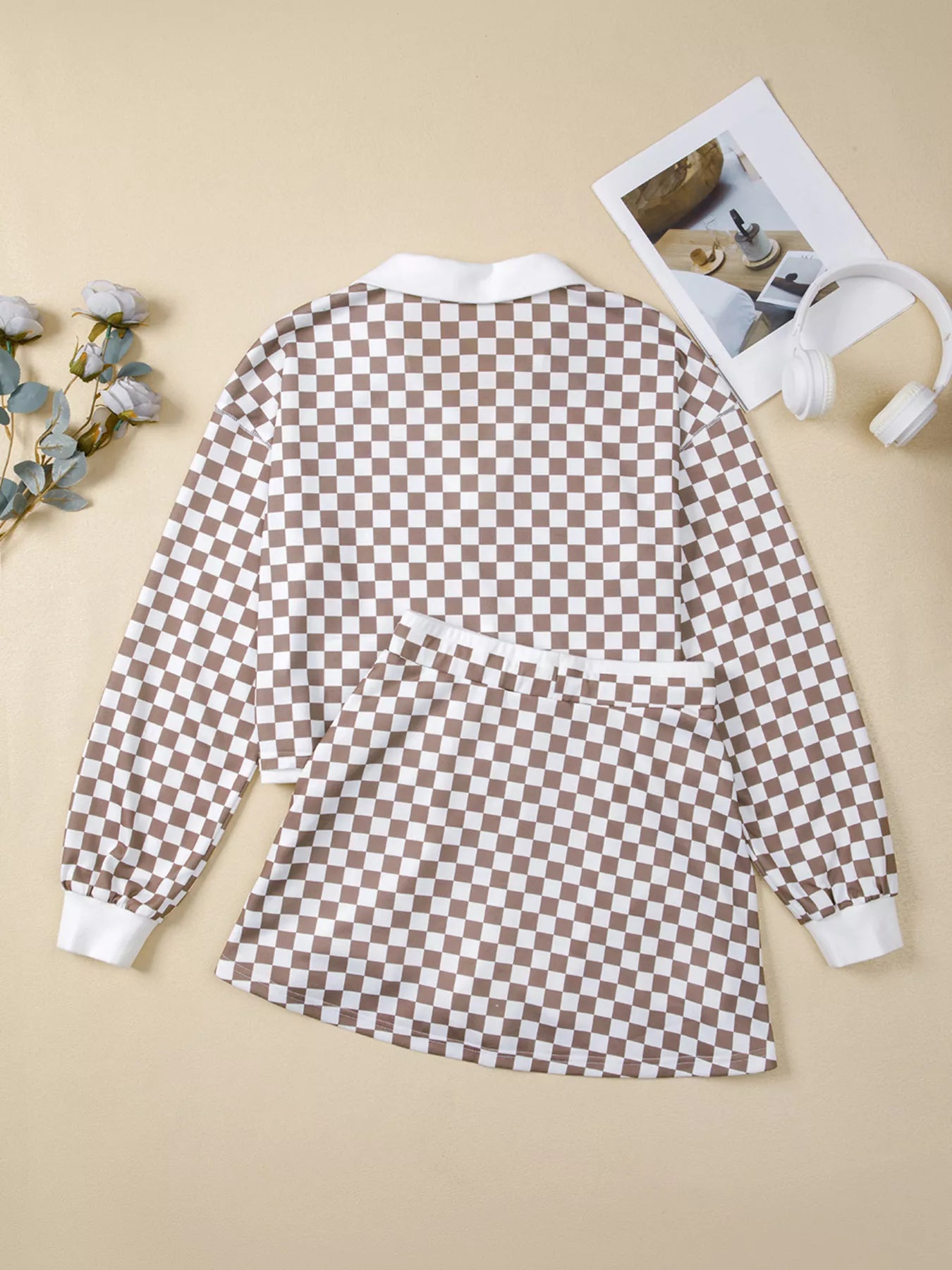 Checkered Print Polo Collar Cropped Long Sleeve Top and Drawstring Mini Skirt Set Trendsi