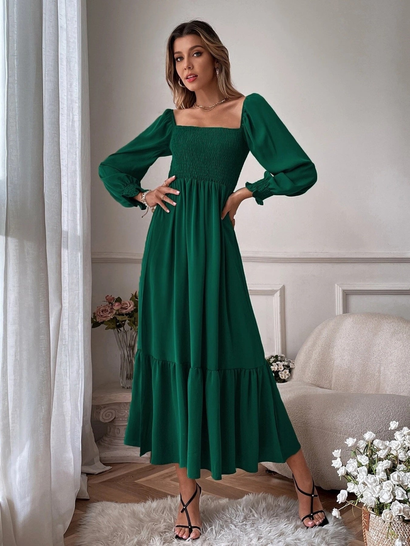 Smocked Long Sleeve Midi Dress nicholesgifts