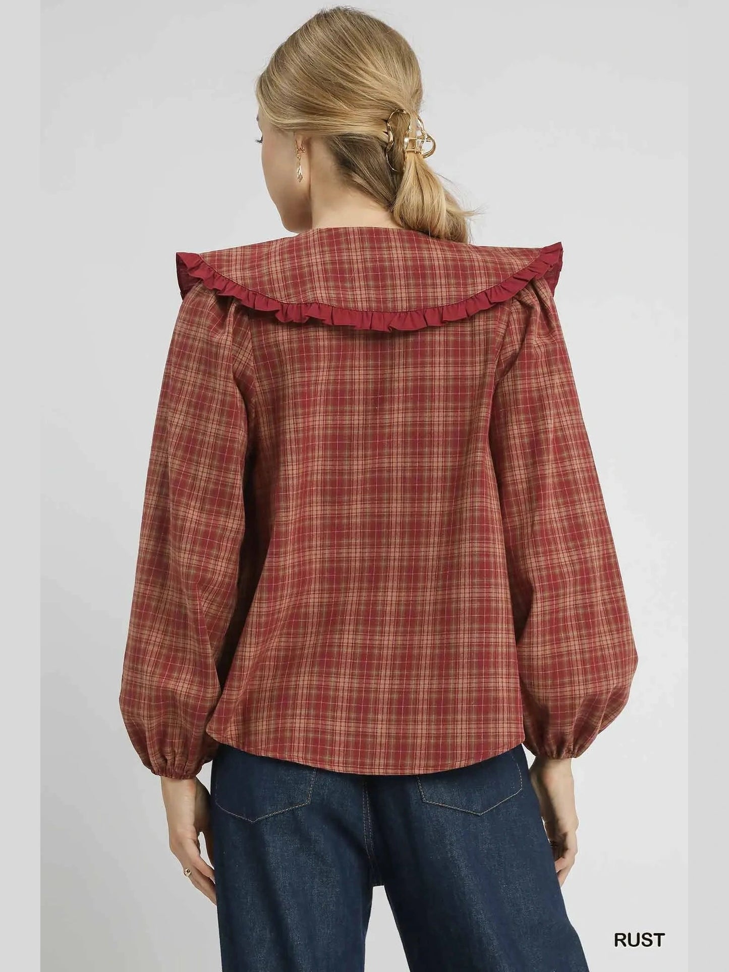 Umgee Full Size Plaid Ruffle Collar Blouse Plus Size NicholesGifts