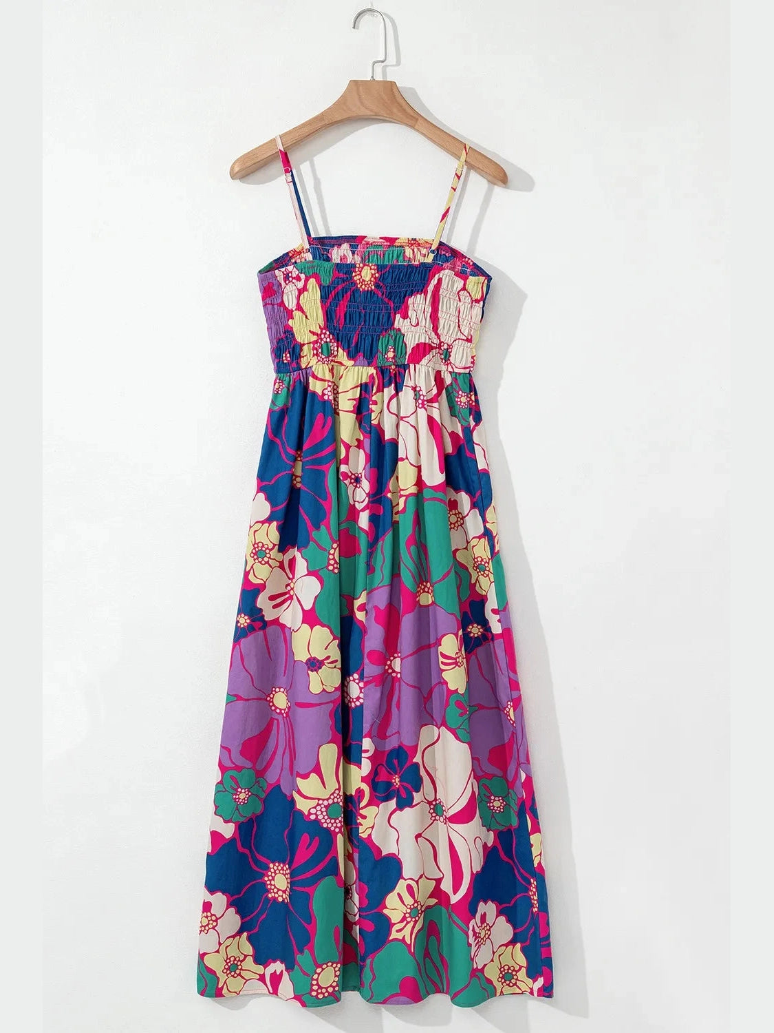 Floral Print Shirred Spaghetti Strap Loose Maxi Dress NicholesGifts