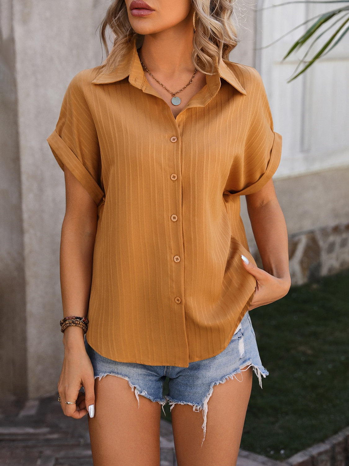 Textured Button Up Cap Sleeve Shirt nicholesgifts