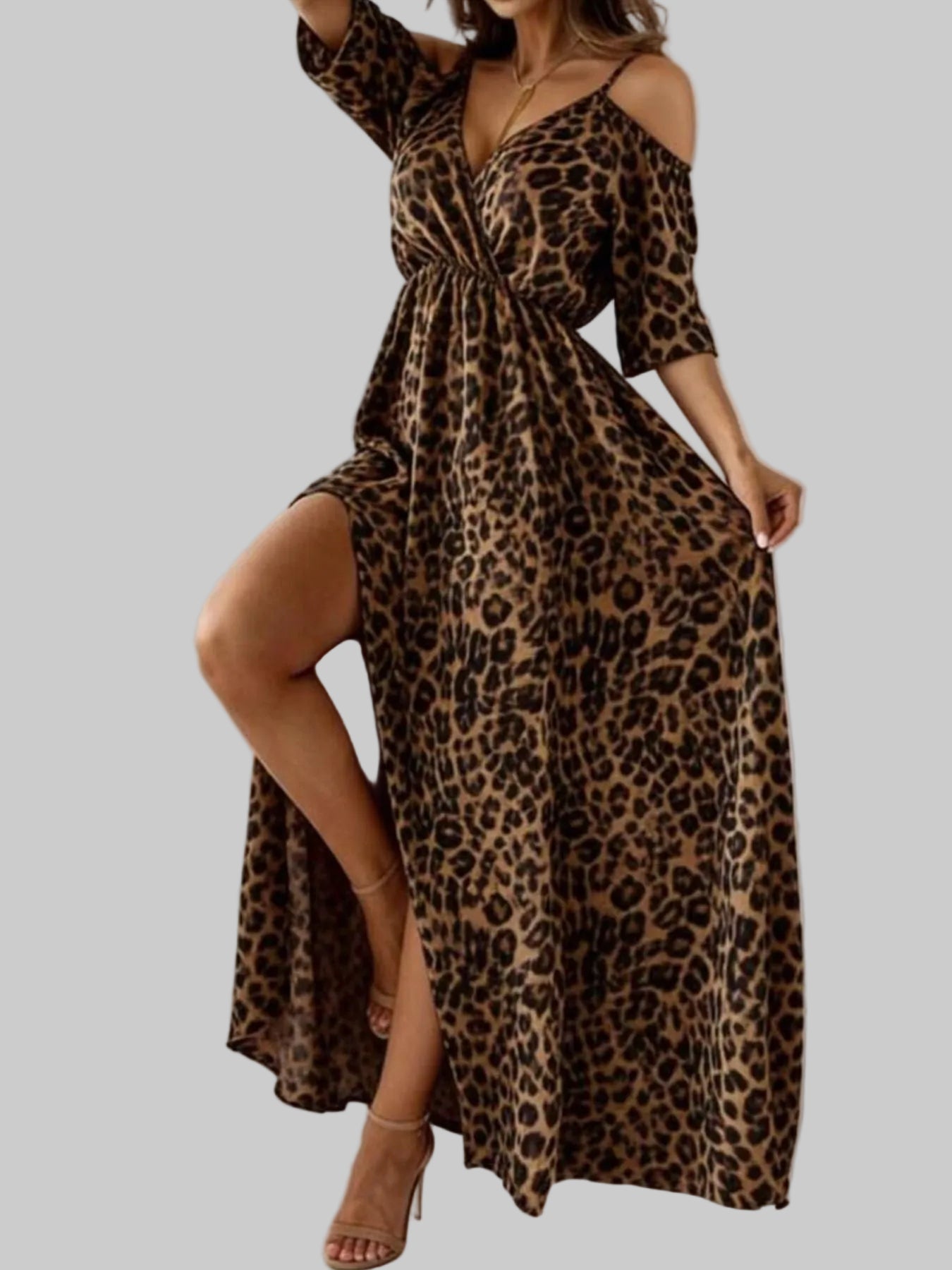 Leopard Print Cold Shoulder Slit Maxi Dress nicholesgifts