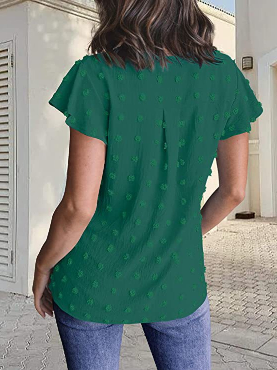 Swiss Dot Notched Cap Sleeve Blouse nicholesgifts