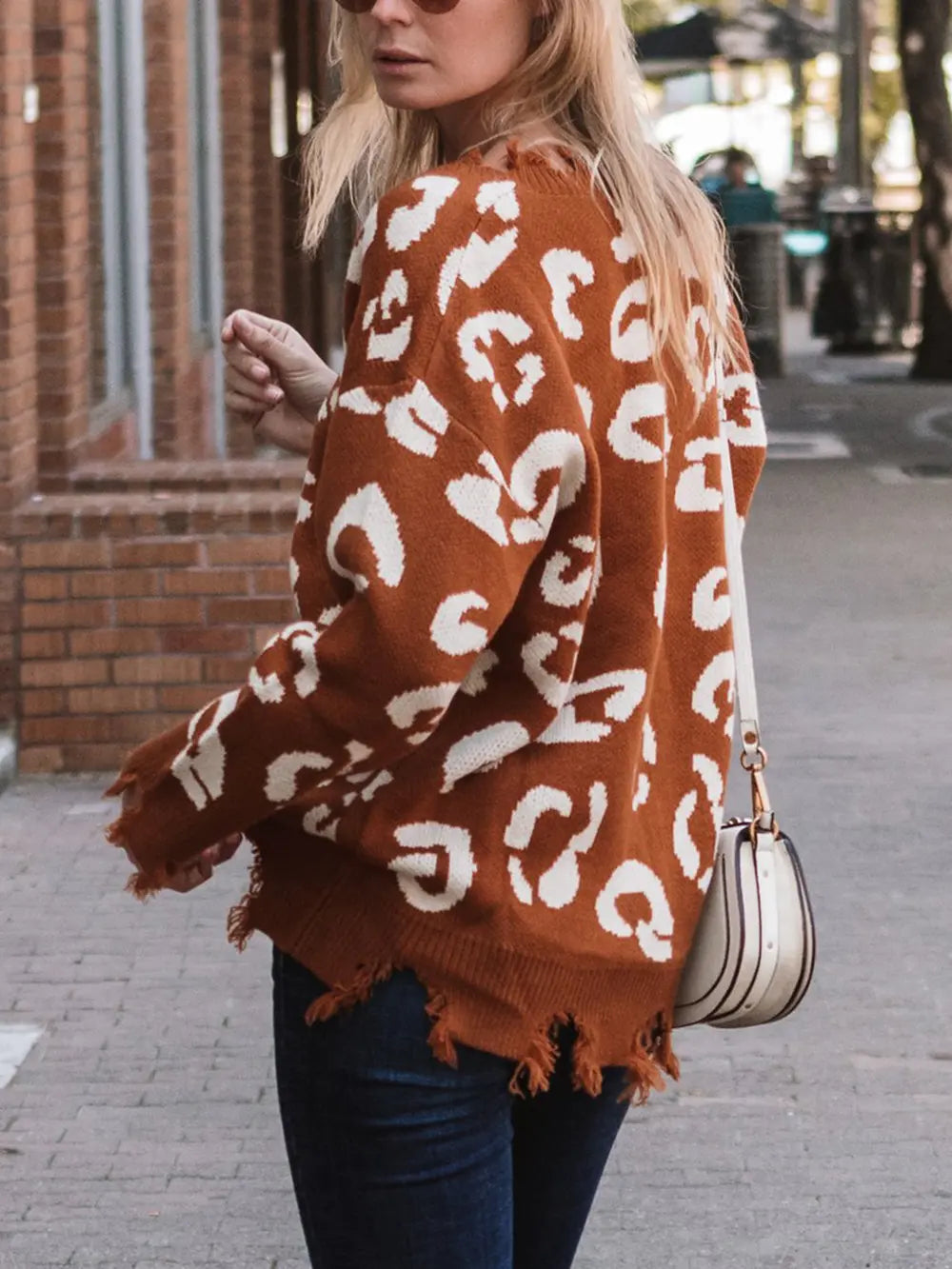 Leopard Frayed Hem Long Sleeve Sweater Trendsi