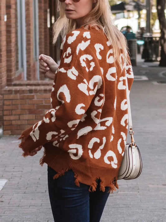 Leopard Frayed Hem Long Sleeve Sweater Trendsi