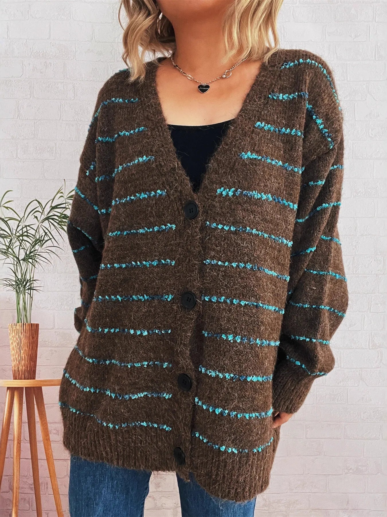 Striped Button-Up Cardigan with V-Neck Design