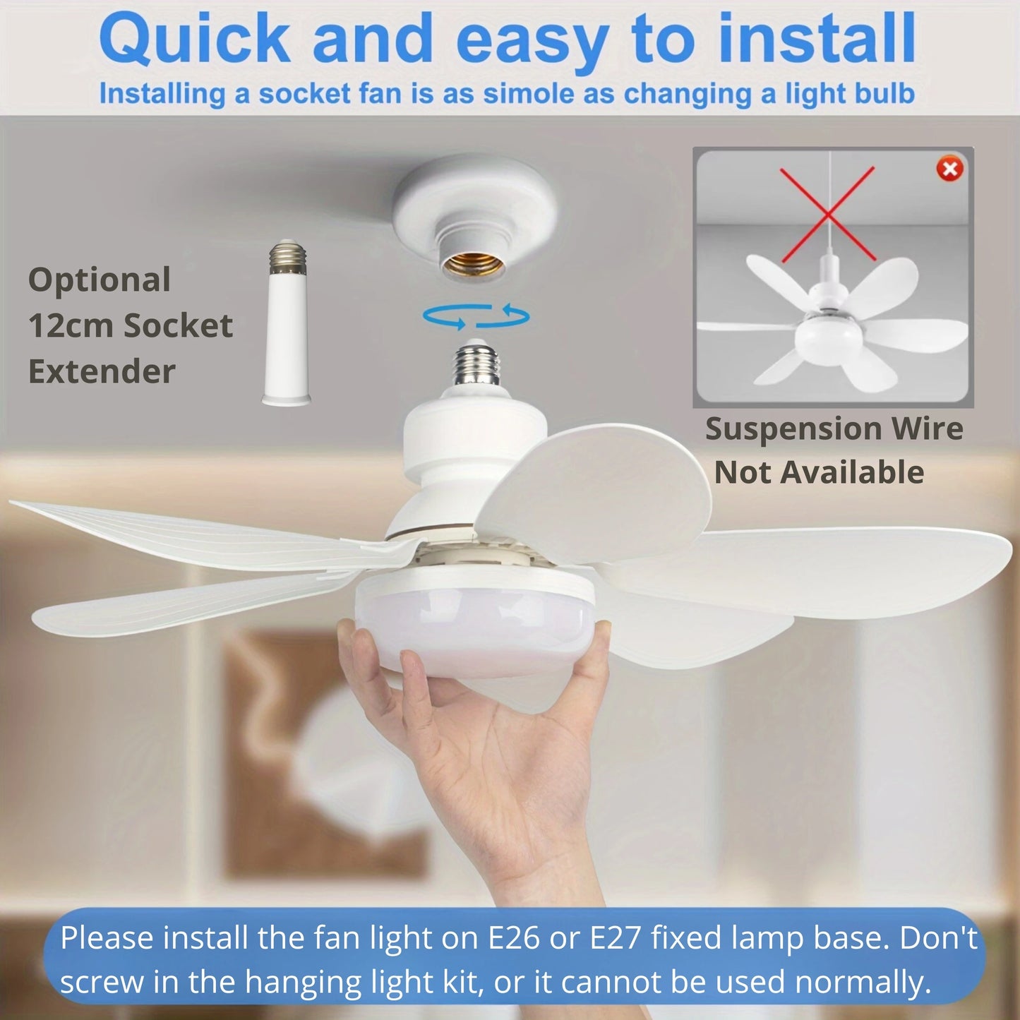 Compact 20.5" Remote-Controlled Socket Fan Light with LED - Perfect for Kitchen, Bedroom, and Small Rooms!