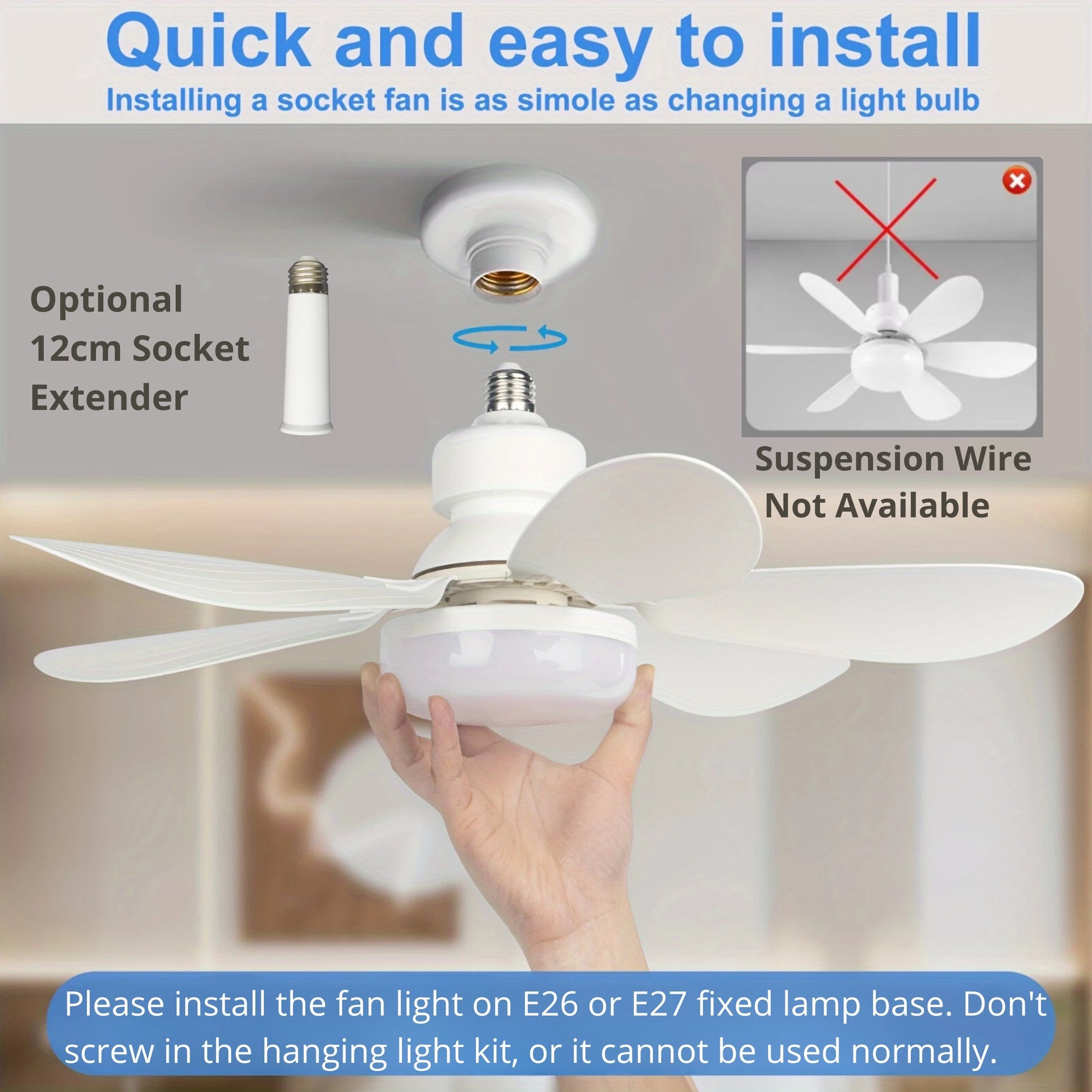 Compact 20.5" Remote-Controlled Socket Fan Light with LED - Perfect for Kitchen, Bedroom, and Small Rooms!
