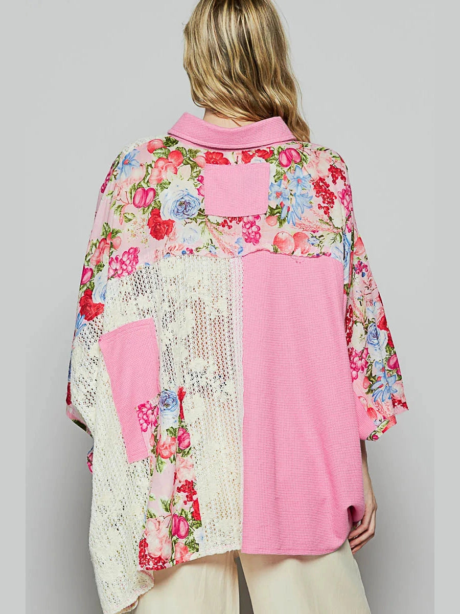 Women POL Thermal and Crochet Lace Mix Shirt with Floral Pattern