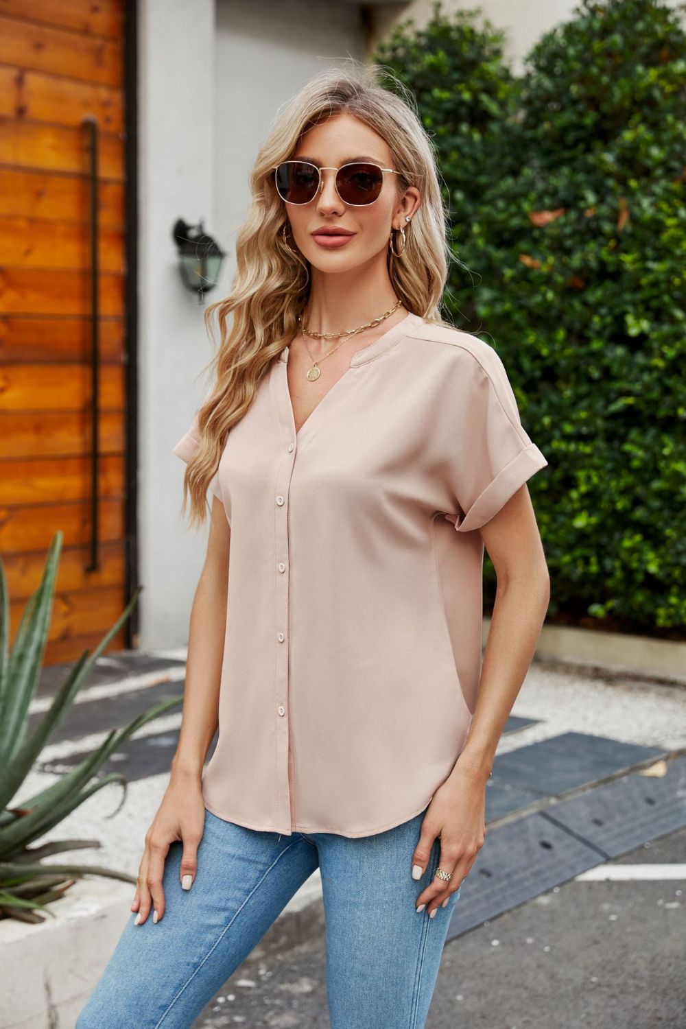 Notched Neck Cuffed Sleeve Shirt nicholesgifts