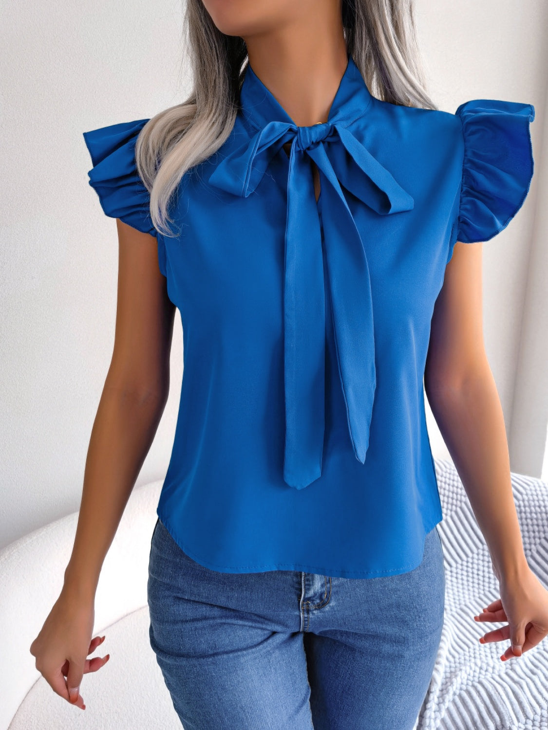 Tie Neck Cap Sleeve Blouse nicholesgifts