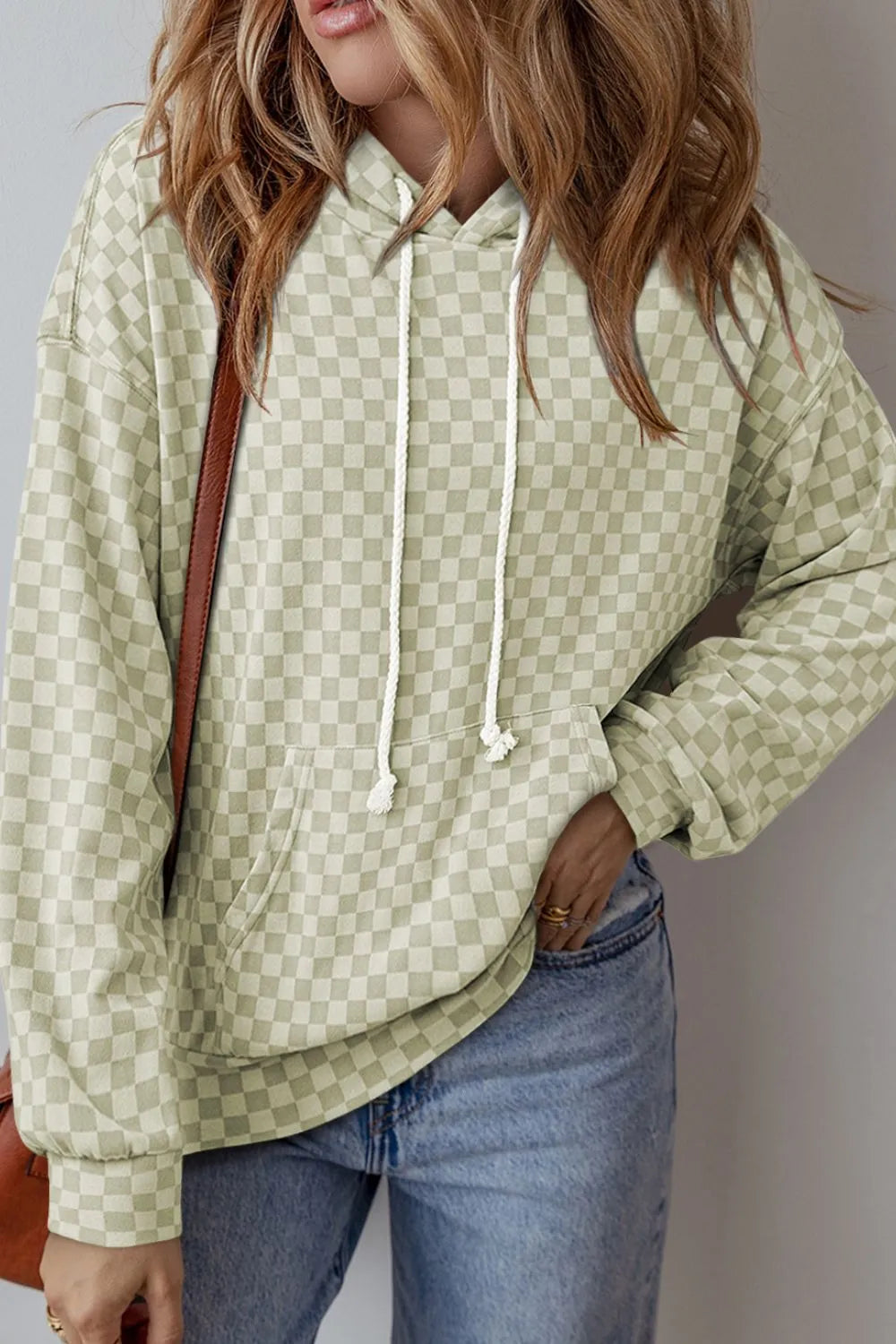 Checkered Print Kangaroo Pocket Drawstring Hoodie Trendsi