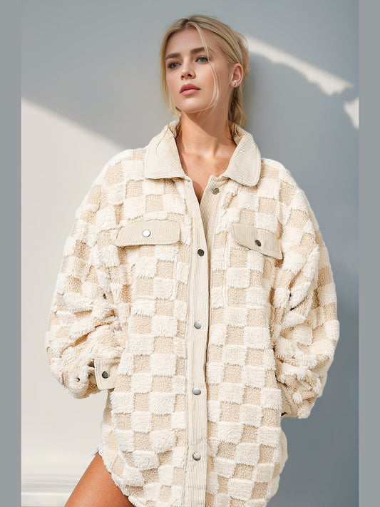 Women Double Take Button Up Fuzzy Checkered Shacket