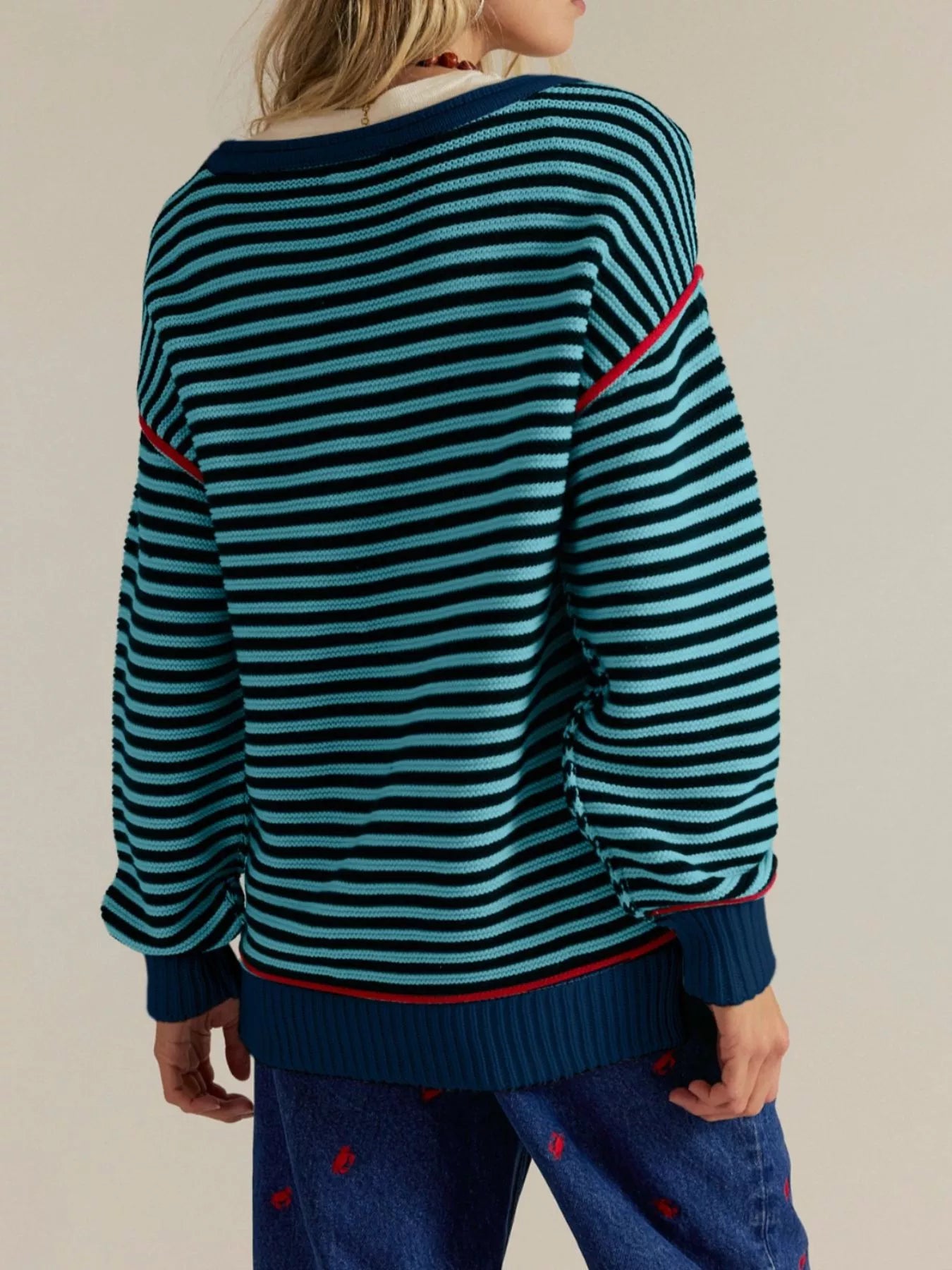 Striped Round Neck Long Sleeve Sweater Trendsi