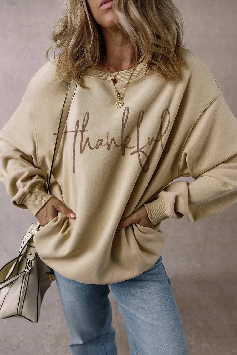 THANKFUL Round Neck Long Sleeve Sweatshirt Trendsi