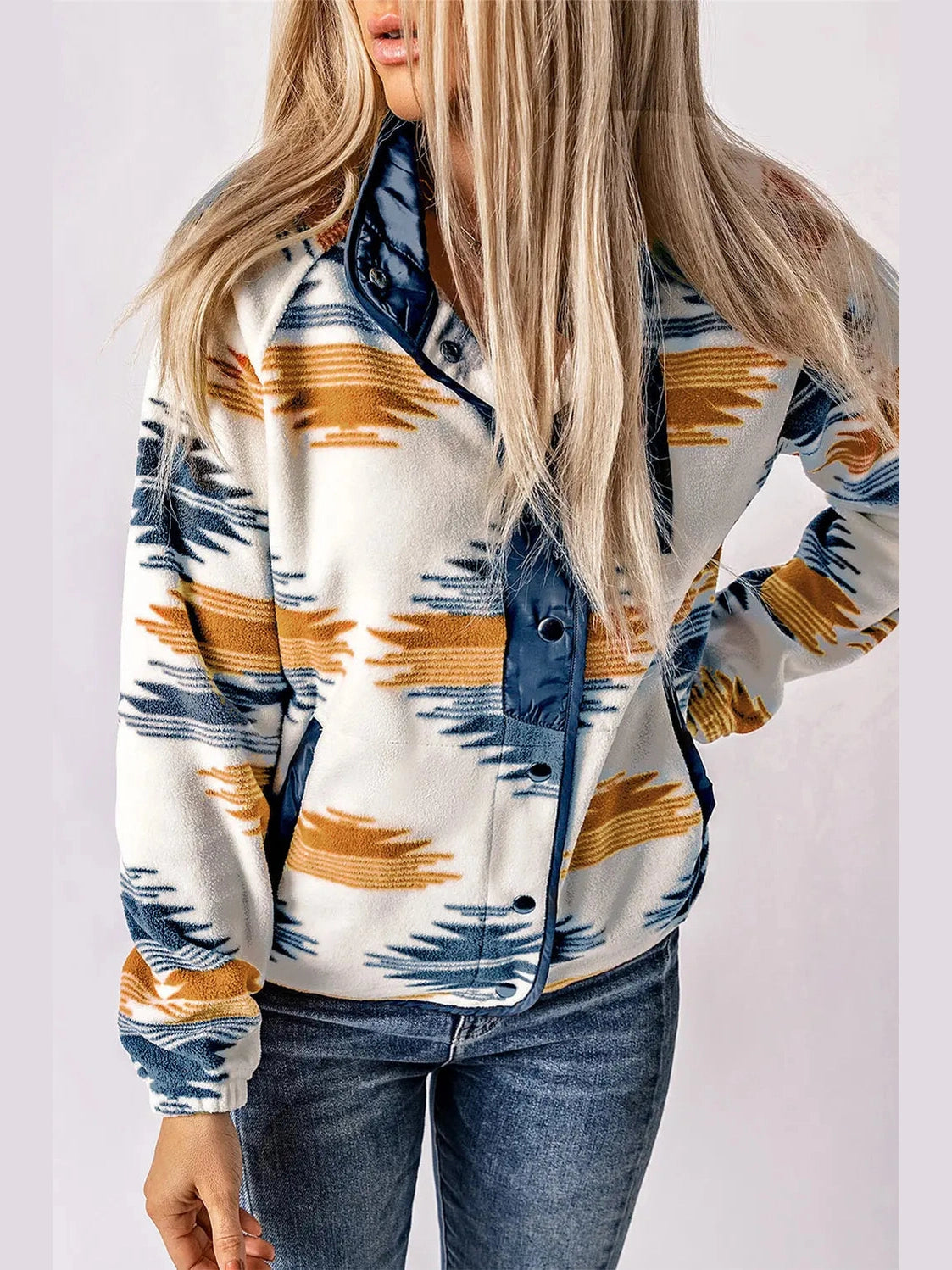 Geometric Snap Button Long Sleeve Jacket nicholesgifts