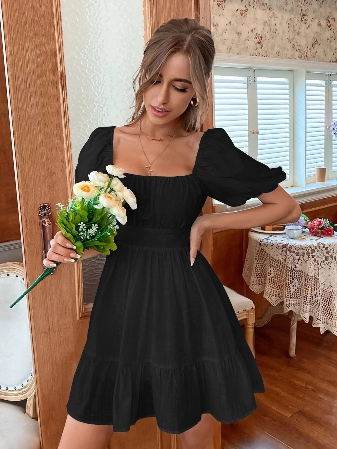 Square Neck Puff Sleeve Mini Dress NicholesGifts