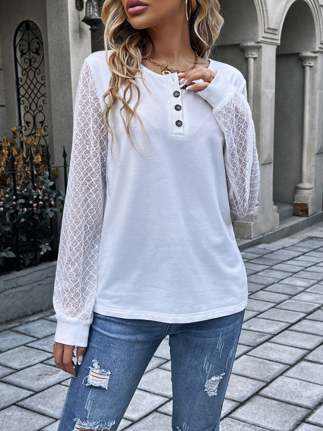 Quarter Button Round Neck Long Sleeve Blouse nicholesgifts