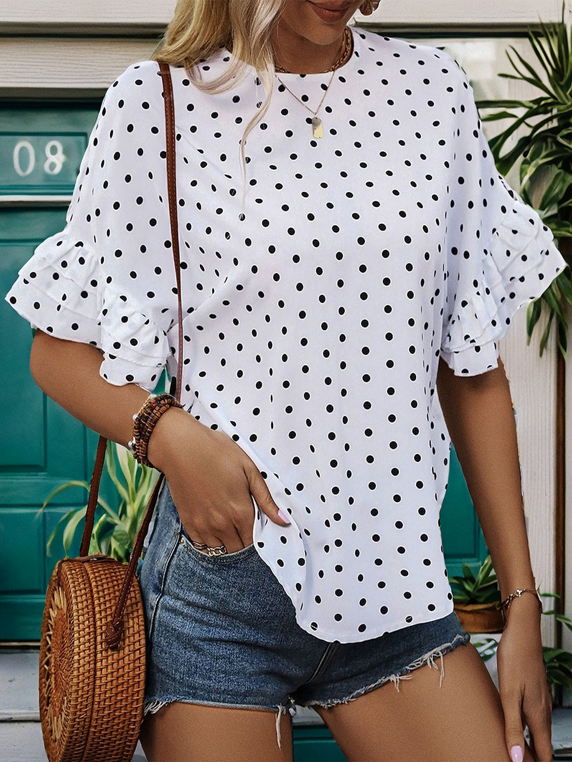 Slit Polka Dot Round Neck Half Sleeve Blouse nicholesgifts