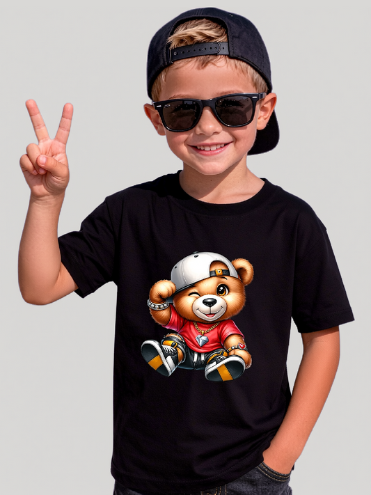Boys Teddy Bear White Hat Short Sleeve T-Shirt nicholesgifts