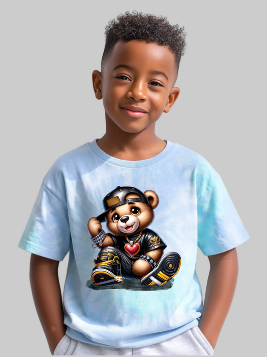Boys Teddy Bear and Black Hat Tie Dye Short Sleeve T-Shirt nicholesgifts