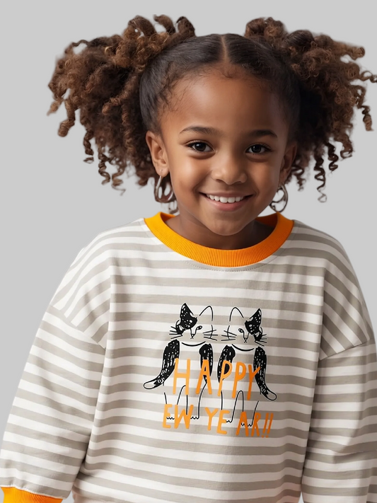 Girls and Toddler Girls Happy New Year Striped Cat Crew Neck Sweatshirt