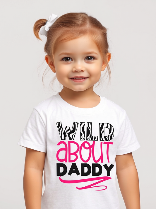 Child wearing a white t-shirt with 'Wild About Daddy' text on a plain background nicholesgifts