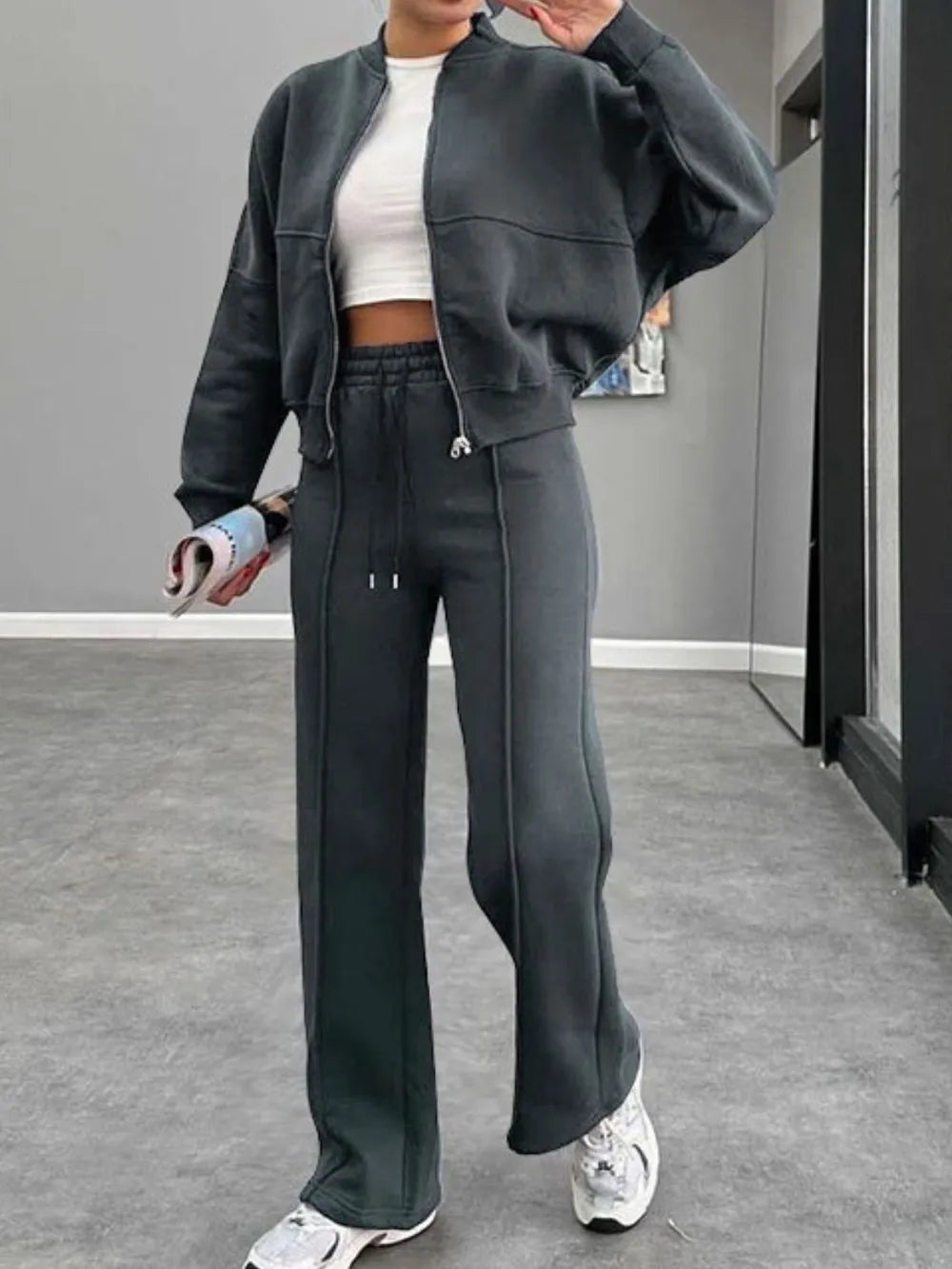 Baseball Collar Zip Up Outerwear and Drawstring Pants Set nicholesgifts