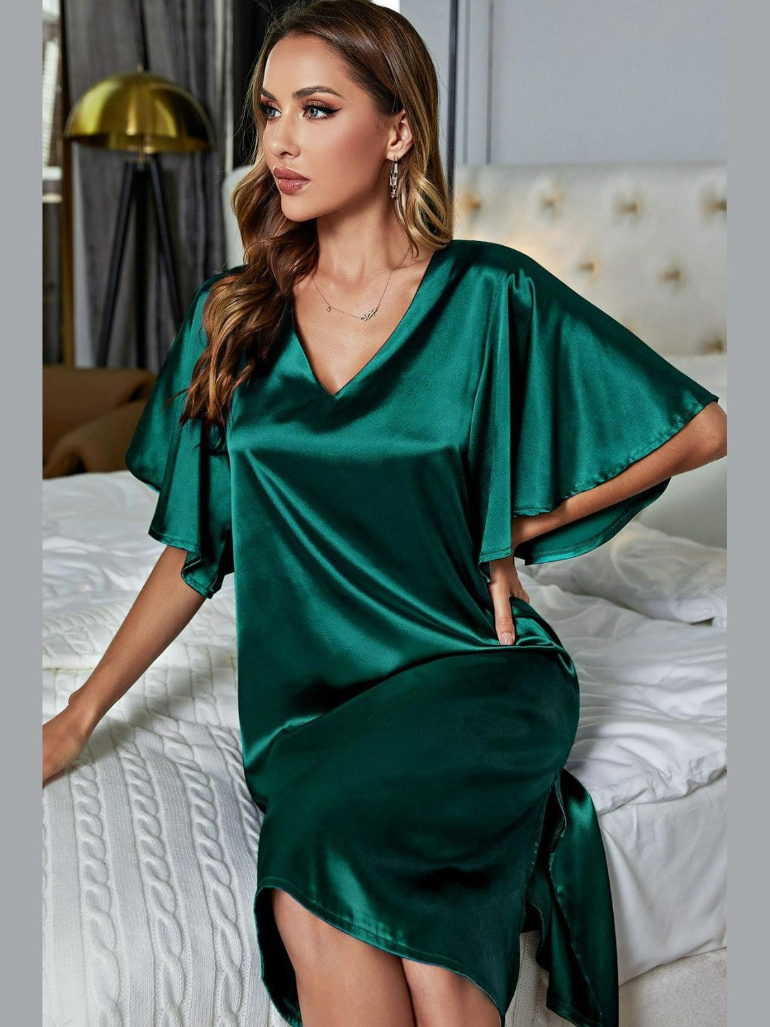 Satin Flutter Sleeve Side Slit V-Neck Night Dress nicholesgifts