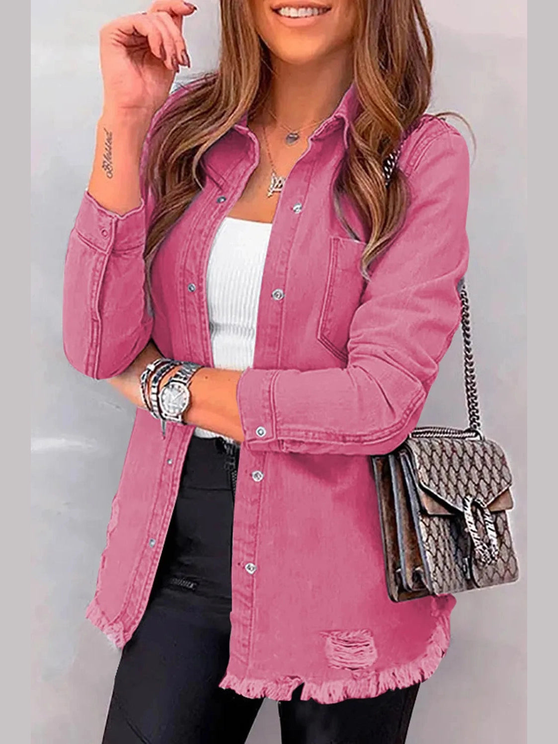 Distressed Raw Hem Snap Down Denim Jacket nicholesgifts