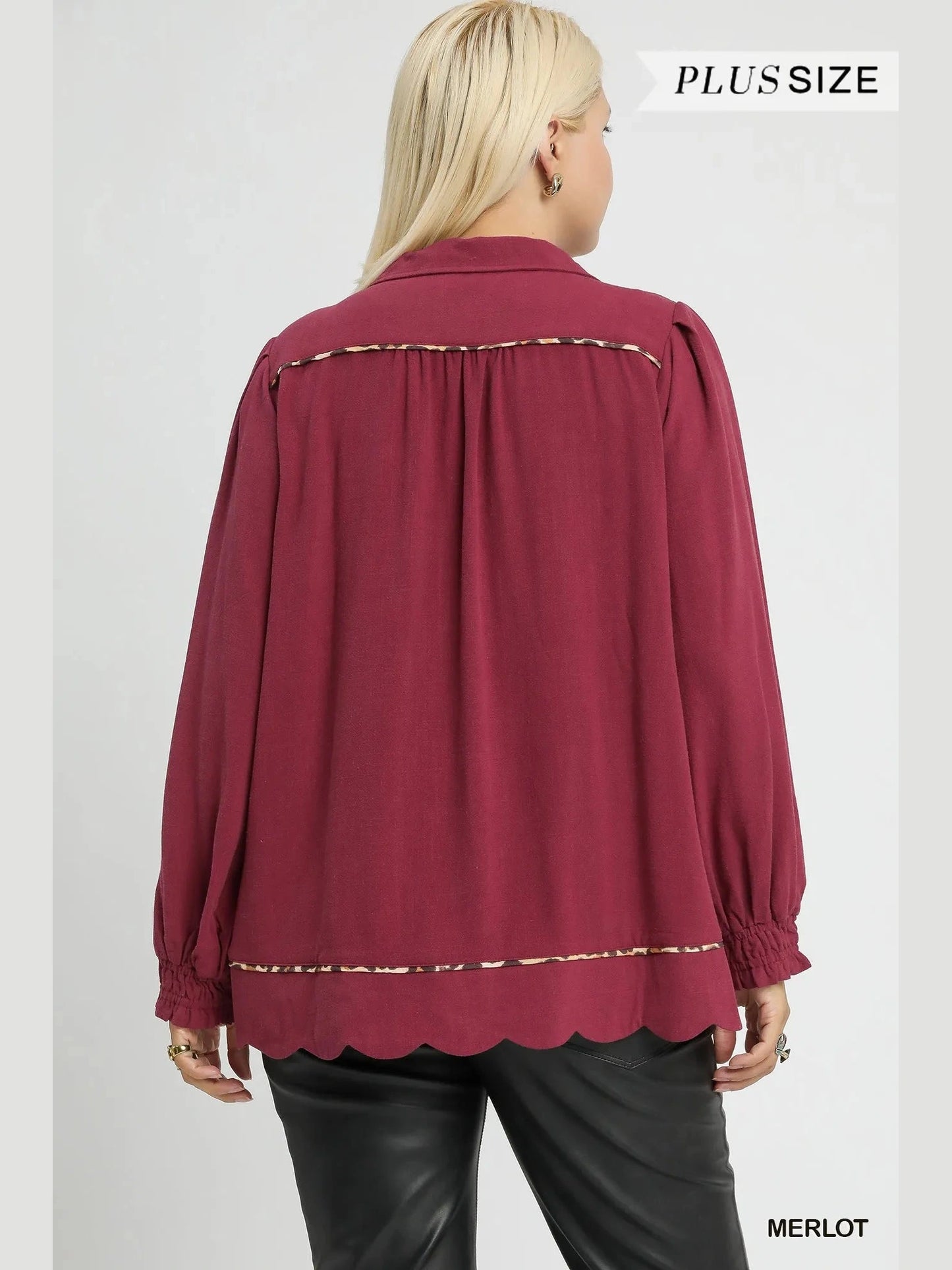 Women Umgee Full Size Linen Scallop Hem Long Sleeve Blouse with Contrast Trim Plus Size NicholesGifts
